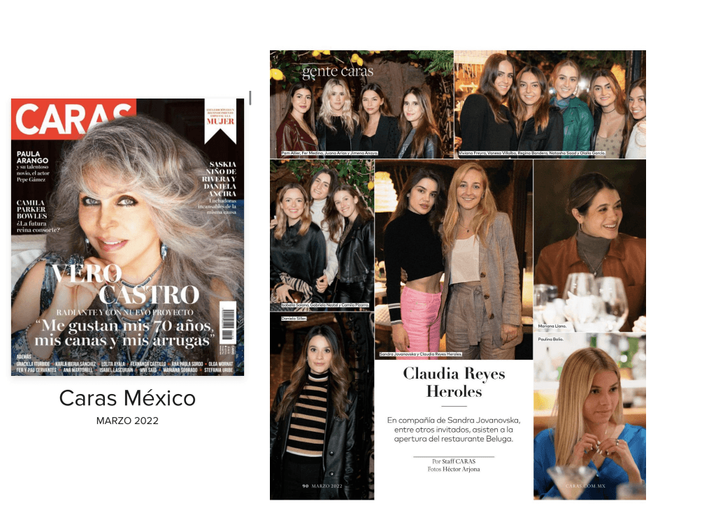 Portada y cobertura de la apertura de Beluga en Caras México