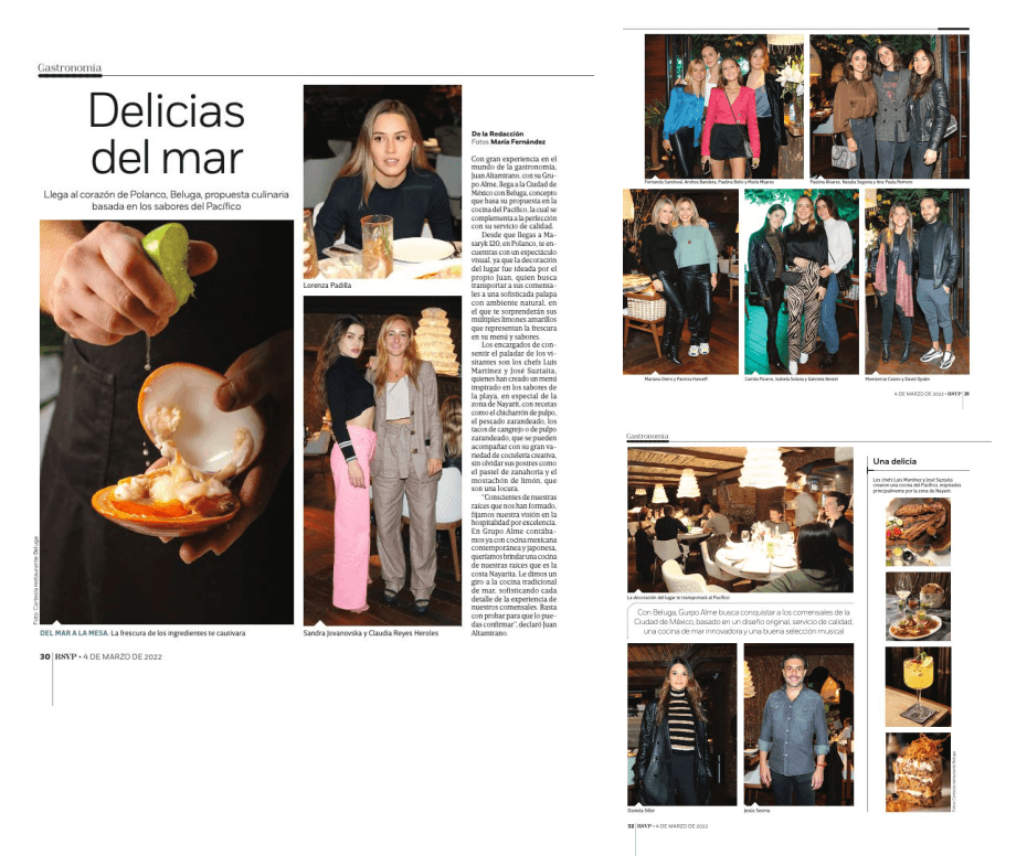 Nota editorial sobre la propuesta culinaria de Beluga y página de sociales